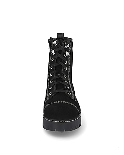 360 degree animation of product Black contrast stitch lace flat ankle boots frame-21