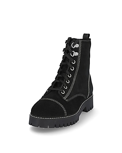 360 degree animation of product Black contrast stitch lace flat ankle boots frame-23