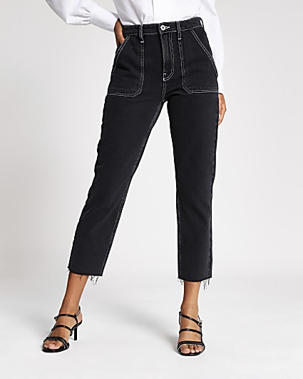 Black contrast stitch straight leg jeans