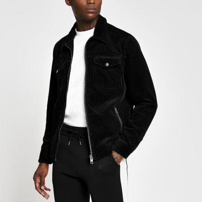 Black cord zip front western jacket River Island