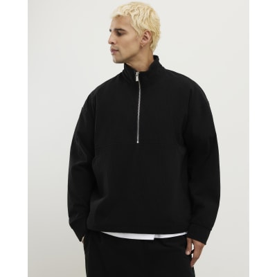Black Corduroy Half Zip Funnel Sweatshirt