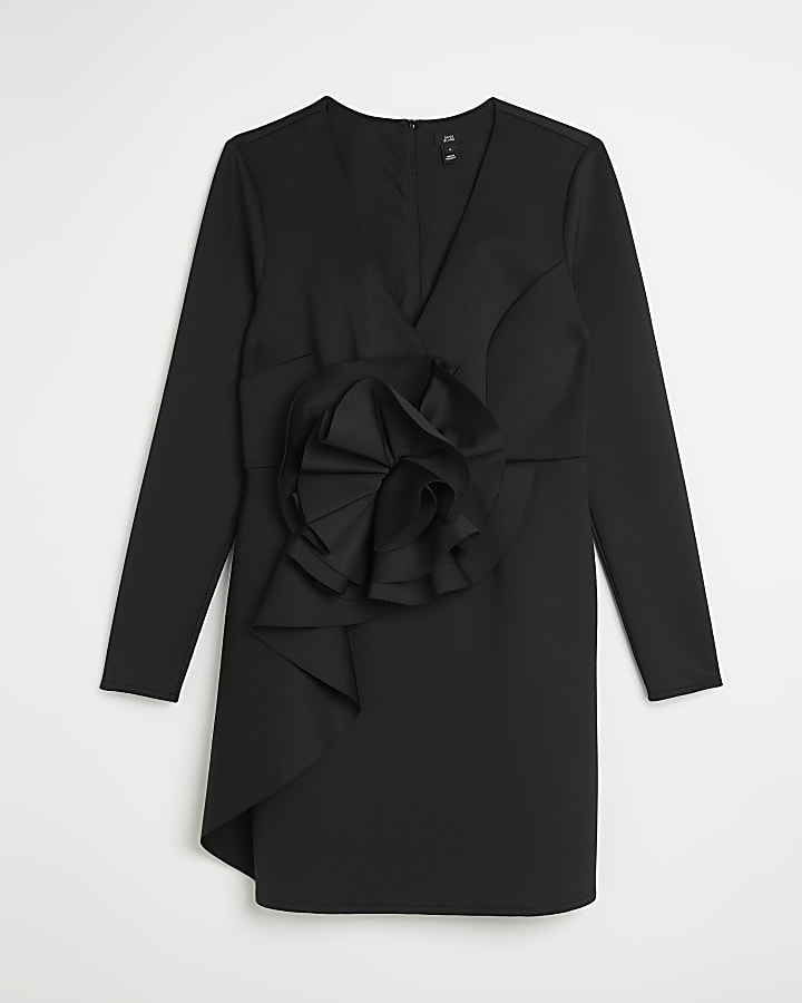 Black corsage frill bodycon mini dress