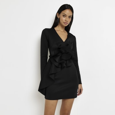 Black corsage frill bodycon mini dress