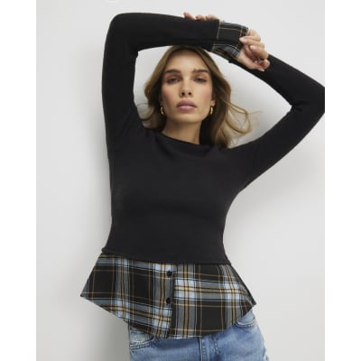Black Cosy Check Hem Top