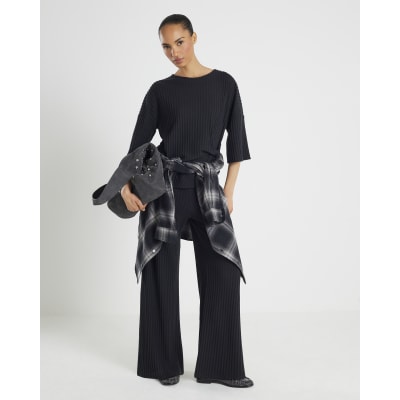 Black Cosy Ribbed Wide Leg Trousers