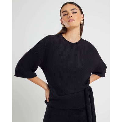 Black Cosy Thin Rib Knot Side Top