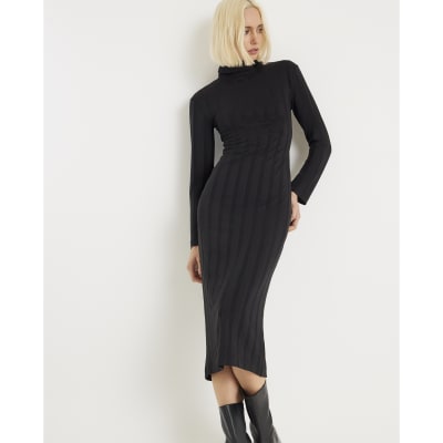 Black Cosy Wide Rib Midi Dress