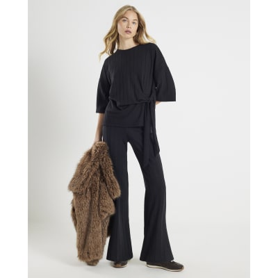 Black Cosy Wide Ribbed Trousers