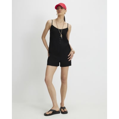 Black Cotton Blend Ribbed Button Playsuit