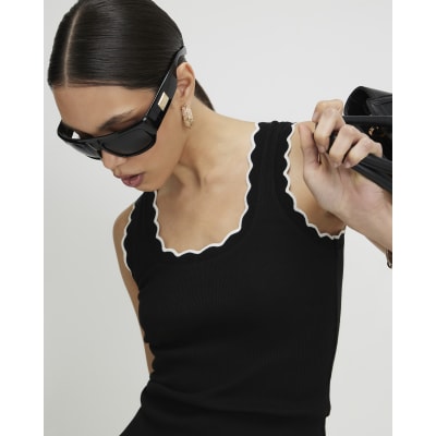 Black Cotton Blend Scallop Trim Tank Top | River Island