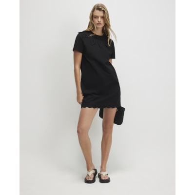 Black Cotton Embroidered Mini T-shirt Dress | River Island