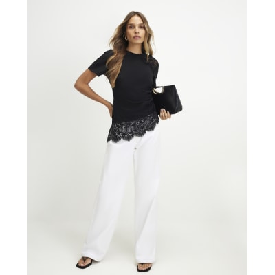 Cotton Lace Asymmetric Ruched T Shirt