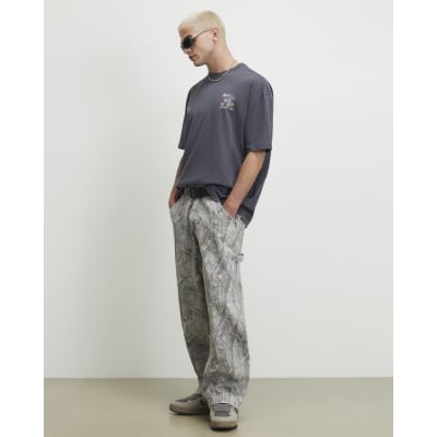 Black Cotton Washed Spliced Tiger T-Shirt