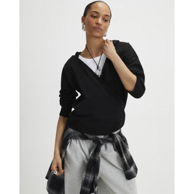 Black Cotton Wrap Front Hoodie