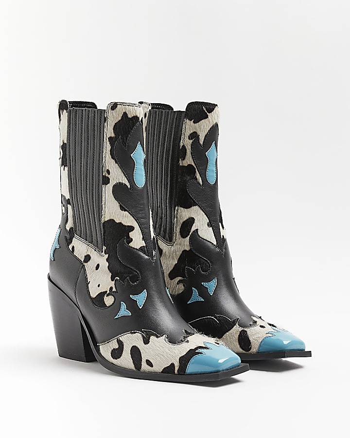 Black cow print leather western boots