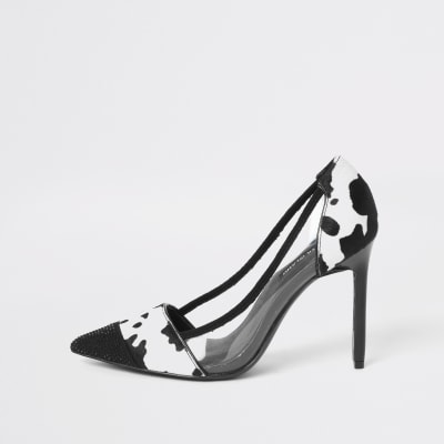 Black cow print perspex heeled court shoe | River Island