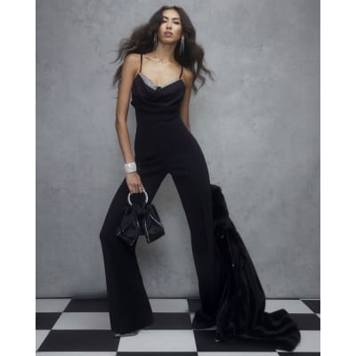 Black Cowl Neck Diamante Detail Jumpsuit