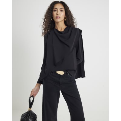 Black Cowl Neck Drape Blouse