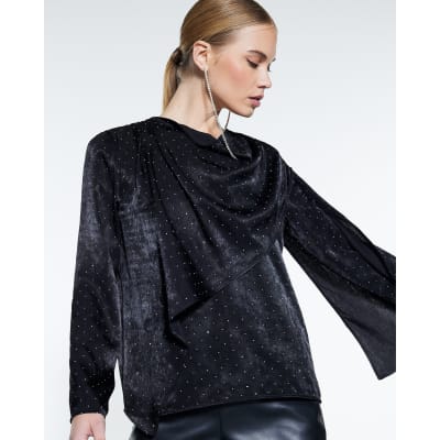 Black Cowl Neck Studded Blouse