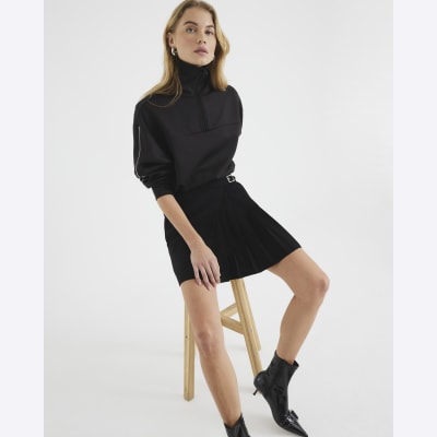 Black Crepe Belted Pleated Mini Skirt | River Island
