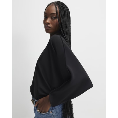 Black Crepe Long Sleeve Batwing Top