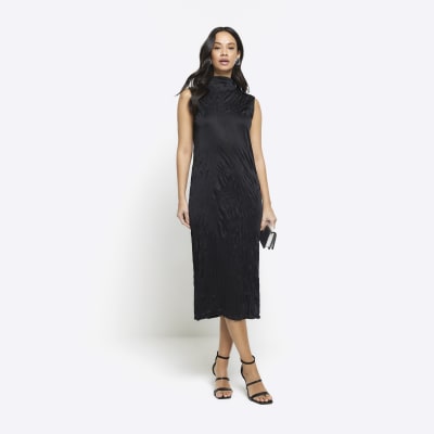 River Island Womens Black Crinkle High Neck Bodycon Midi Dress