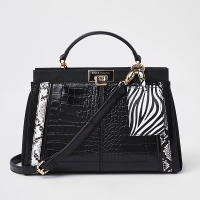 Black croc animal print panel tote bag