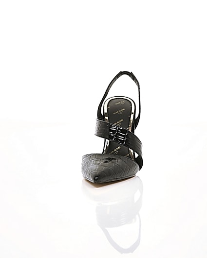 360 degree animation of product Black croc asymmetric block heel court shoes frame-3