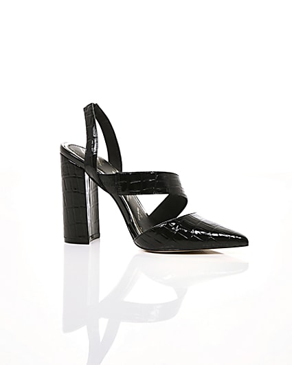 360 degree animation of product Black croc asymmetric block heel court shoes frame-8