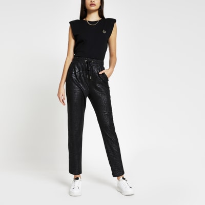 Black croc coated joggers | River Island