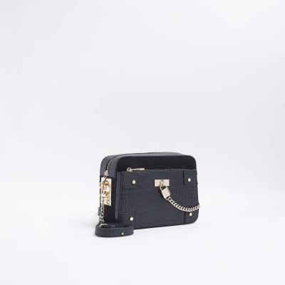 Black croc cross body bag River Island