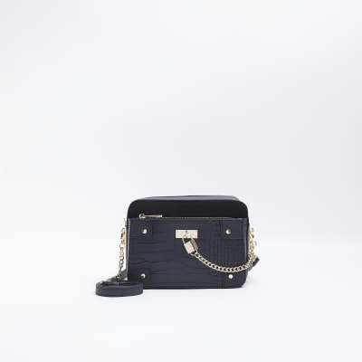 River Island Pocket And Chain Front Monogram Cross-body Bag in Black