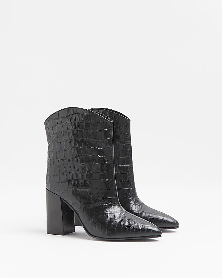 Black croc embossed ankle boots