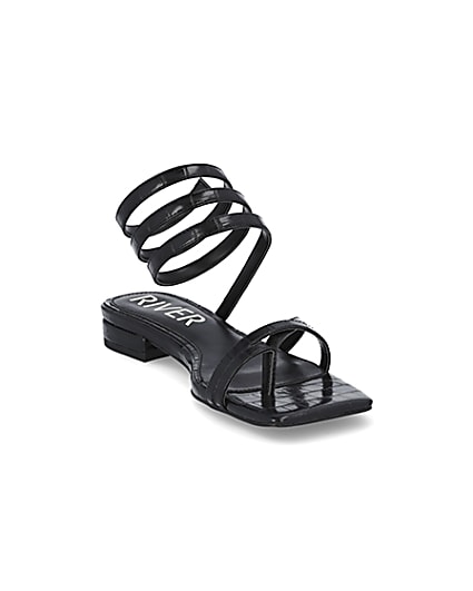 360 degree animation of product Black croc embossed ankle wrap flat sandal frame-19