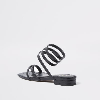 Black croc embossed ankle wrap flat sandal