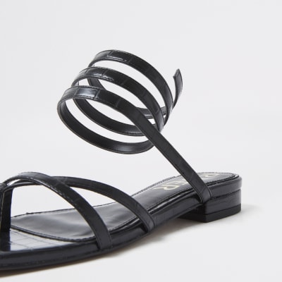 Black croc embossed ankle wrap flat sandal