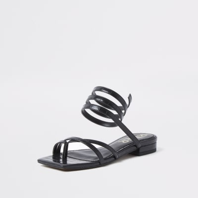 Black croc embossed ankle wrap flat sandal