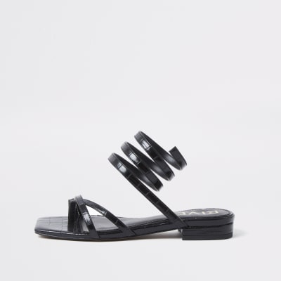 Black croc embossed ankle wrap flat sandal