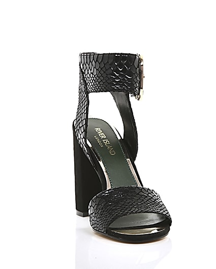 360 degree animation of product Black croc embossed block heel sandals frame-5