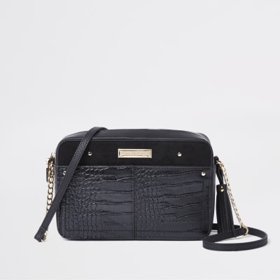 Black croc embossed boxy cross body bag