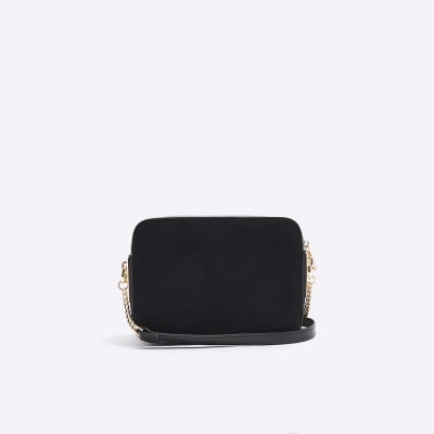Black croc embossed chain cross body bag River Island