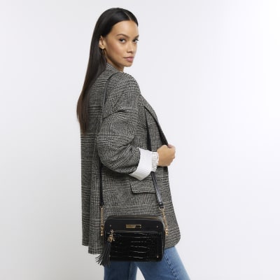Black croc embossed chain cross body bag River Island