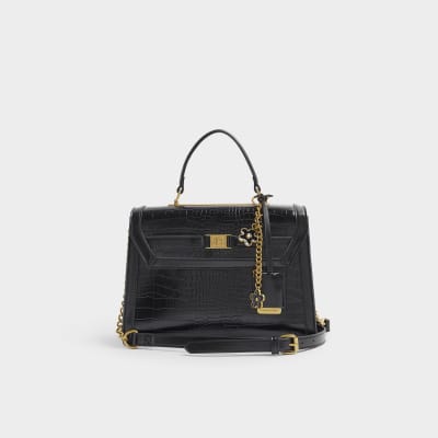 Black croc embossed cross body top handle bag River Island