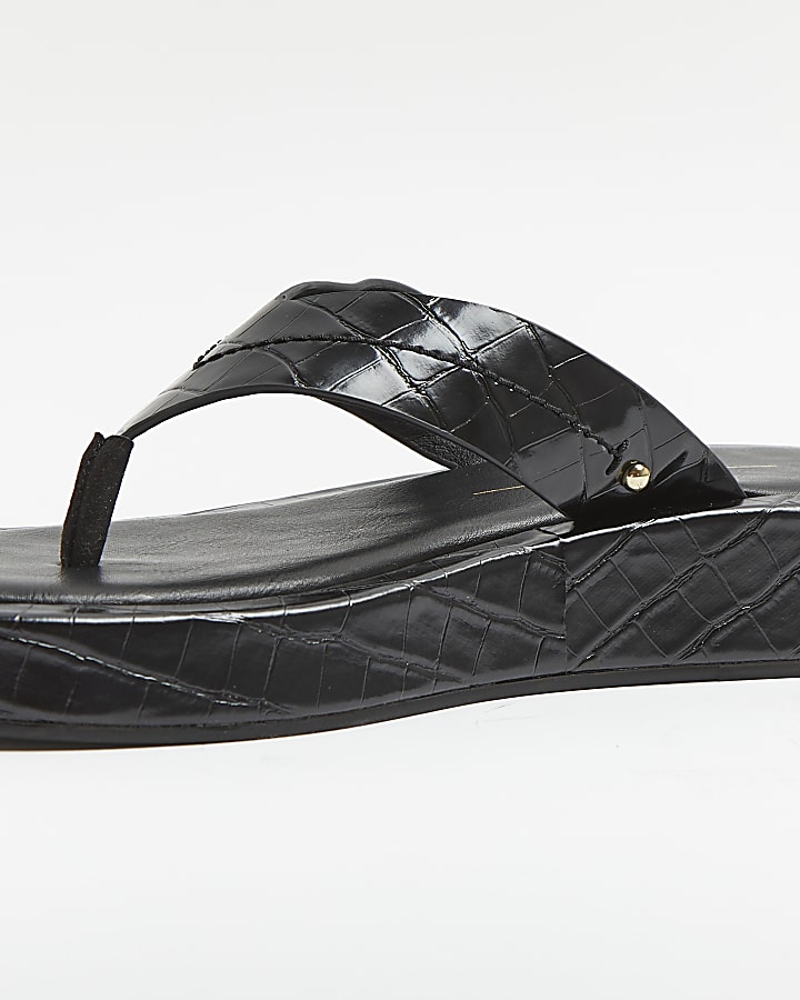 Black croc embossed flatform sandals