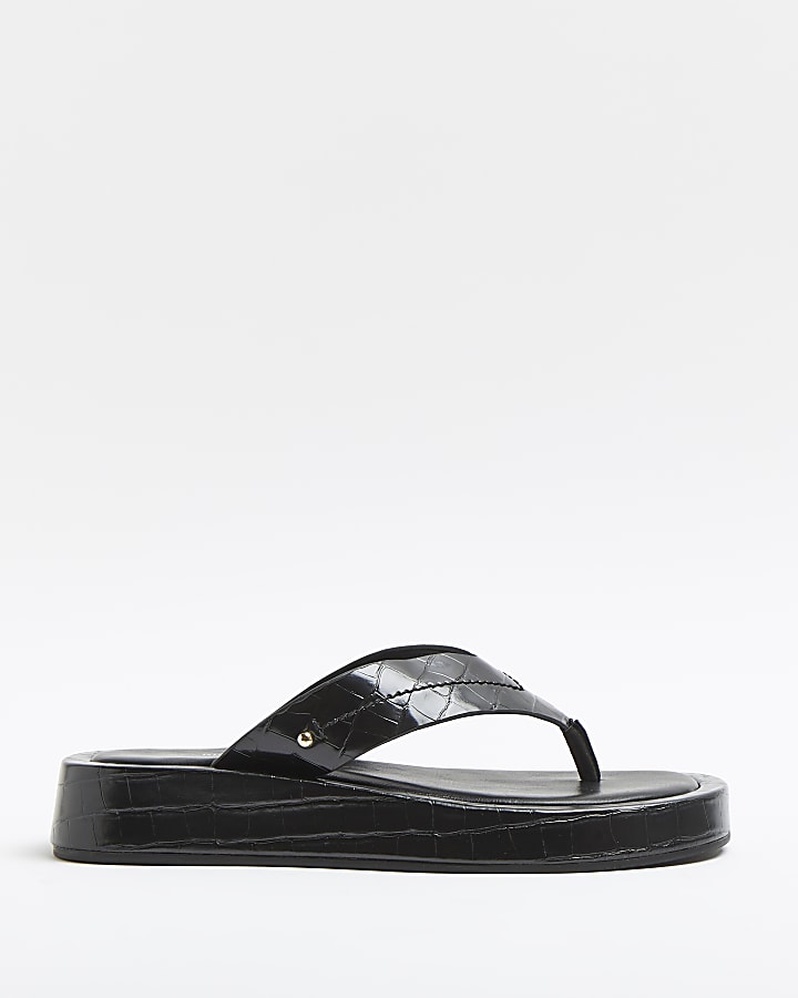 Black croc embossed flatform sandals