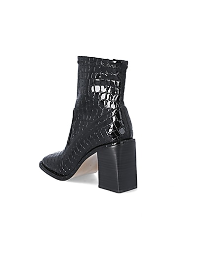 360 degree animation of product Black croc embossed heeled ankle boots frame-6