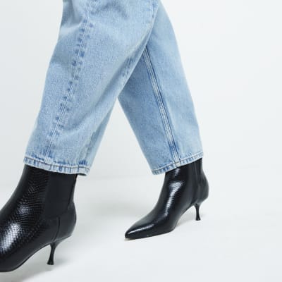 Black croc embossed kitten heeled boots River Island