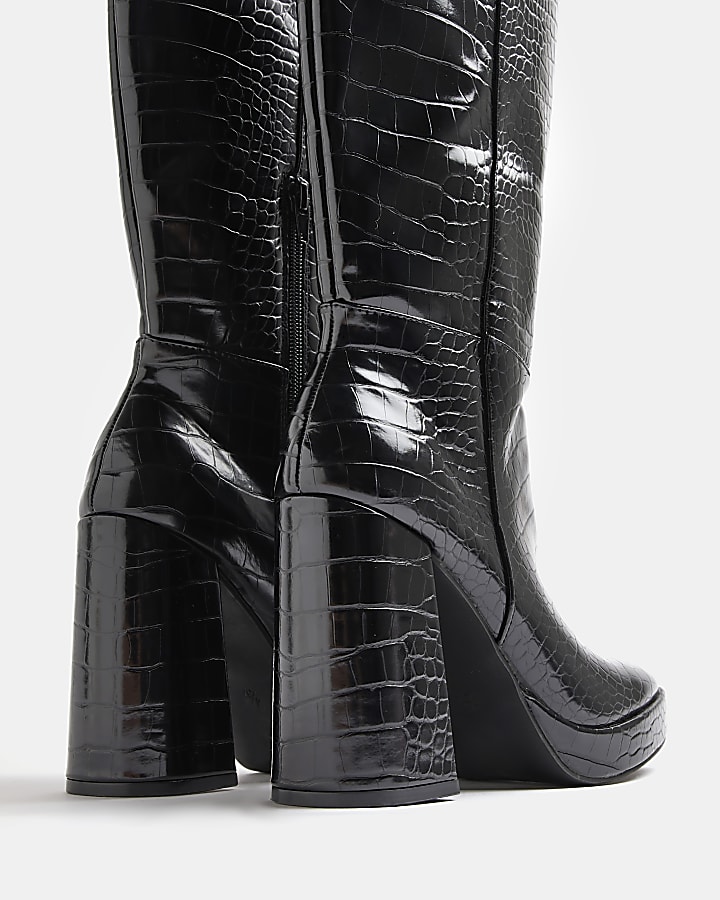 Black croc embossed knee high heeled boots
