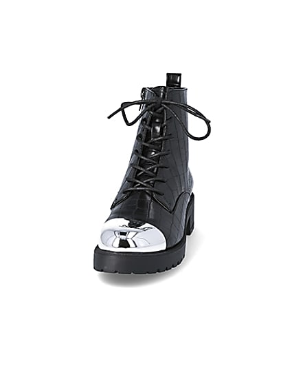 360 degree animation of product Black croc embossed lace-up boots frame-22