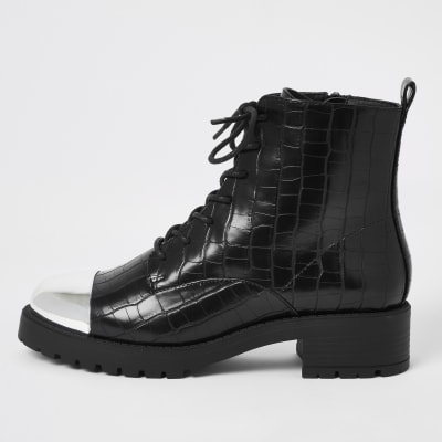 Black croc embossed lace-up boots 